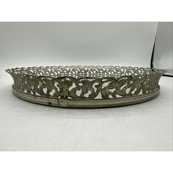 Vanity Mirrored Tray Gold Filigree Round Dresser Perfume Makeup Mirror 10 Inches - Picture 4 of 11
